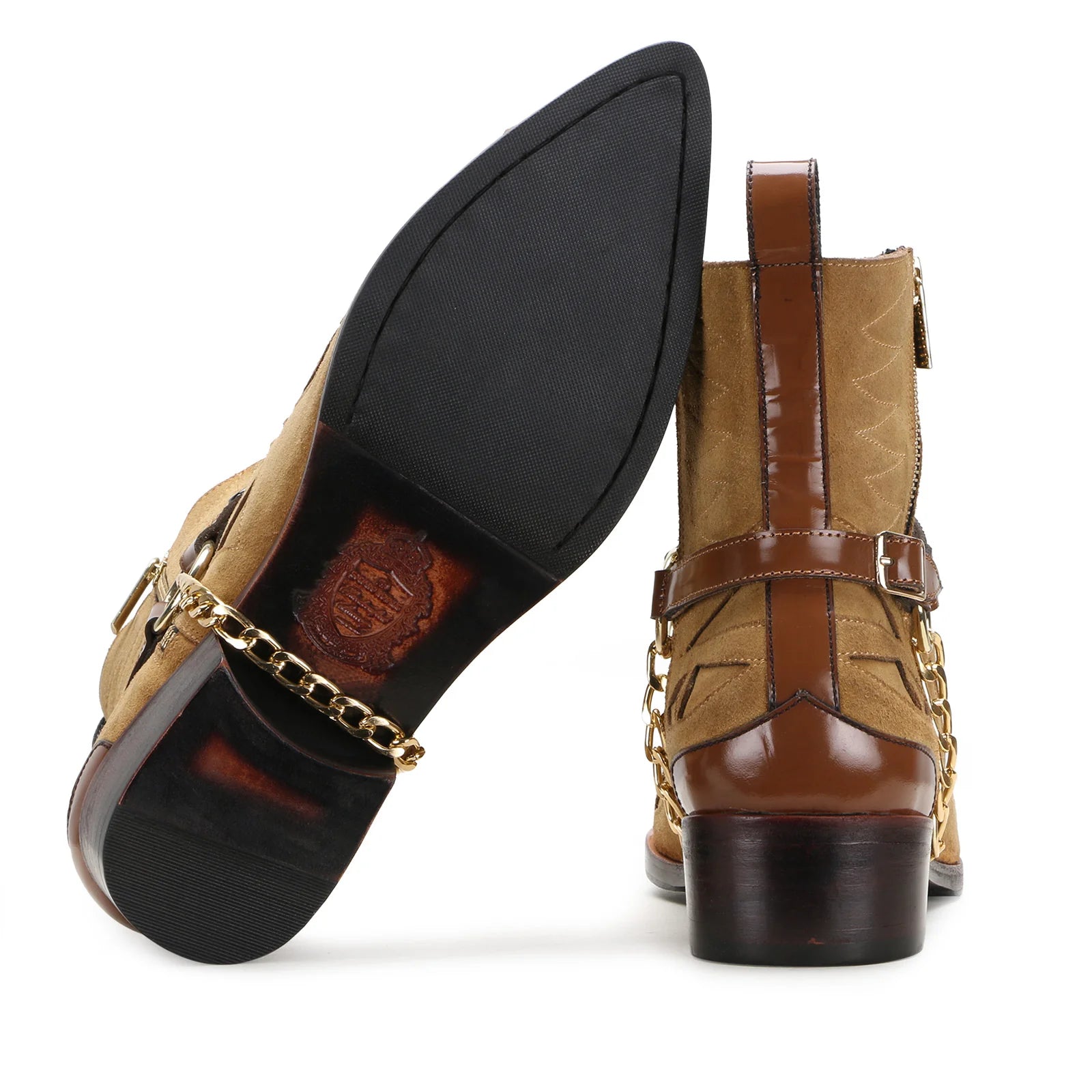 Santiago Goodyear Welted Cowboy Boots in Beige Suede