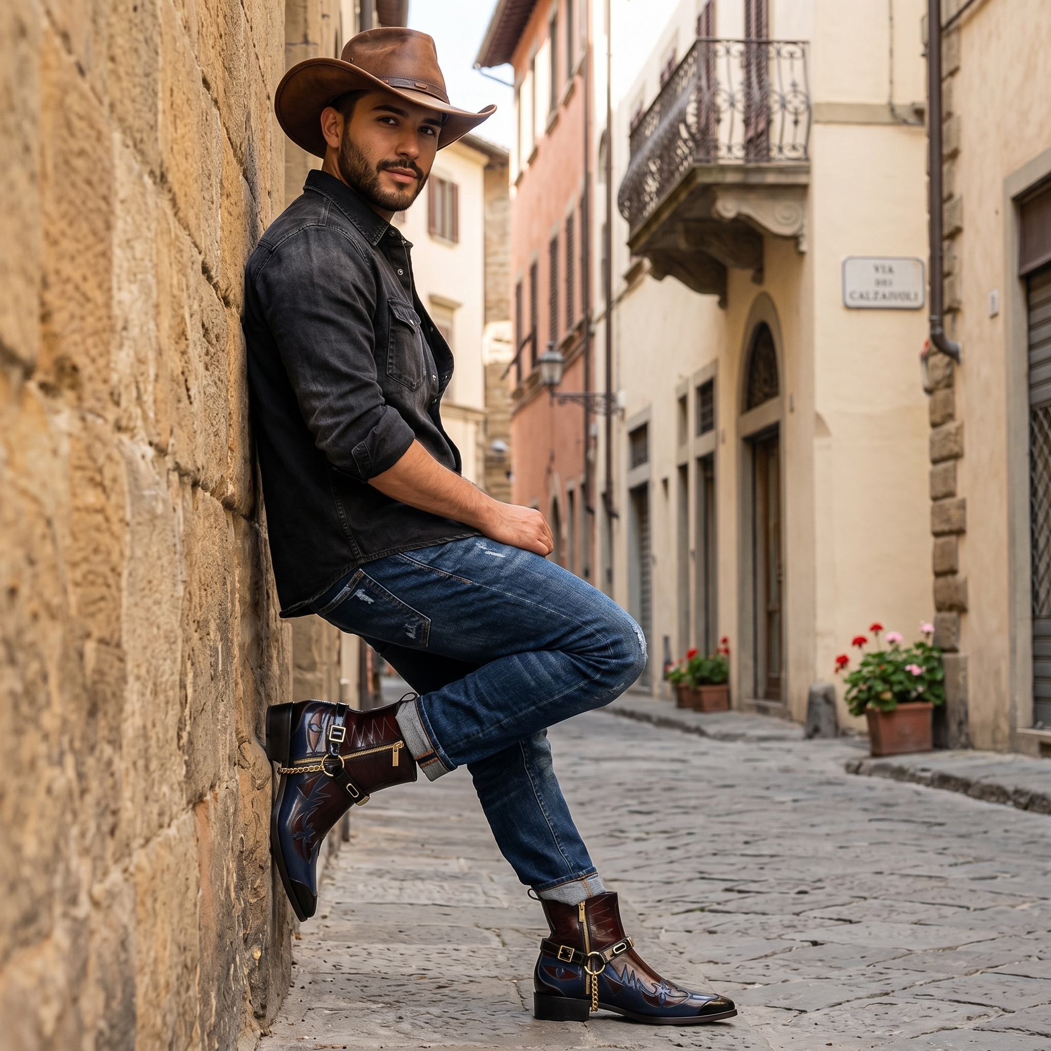 Santiago Goodyear Welted Cowboy Boots in Wine-Blue with Cuban Heel