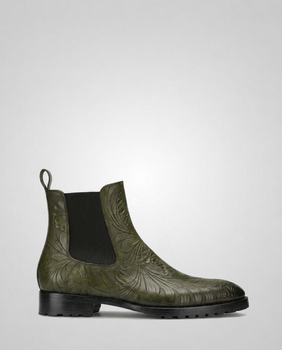 Florentine Handtooled Chelsea Boot in Olive