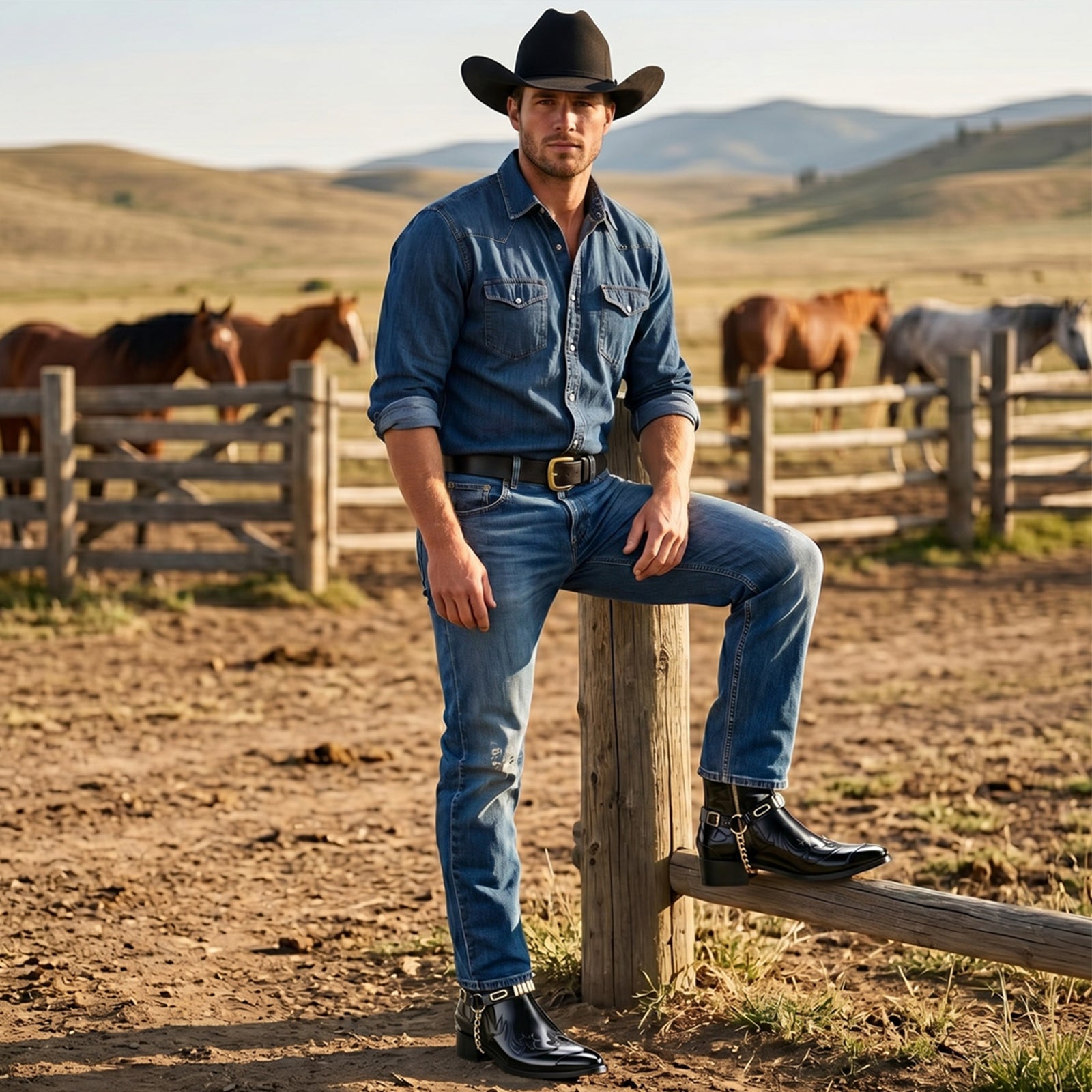 Santiago Goodyear Welted Cowboy Boots in Black with Cuban Heel