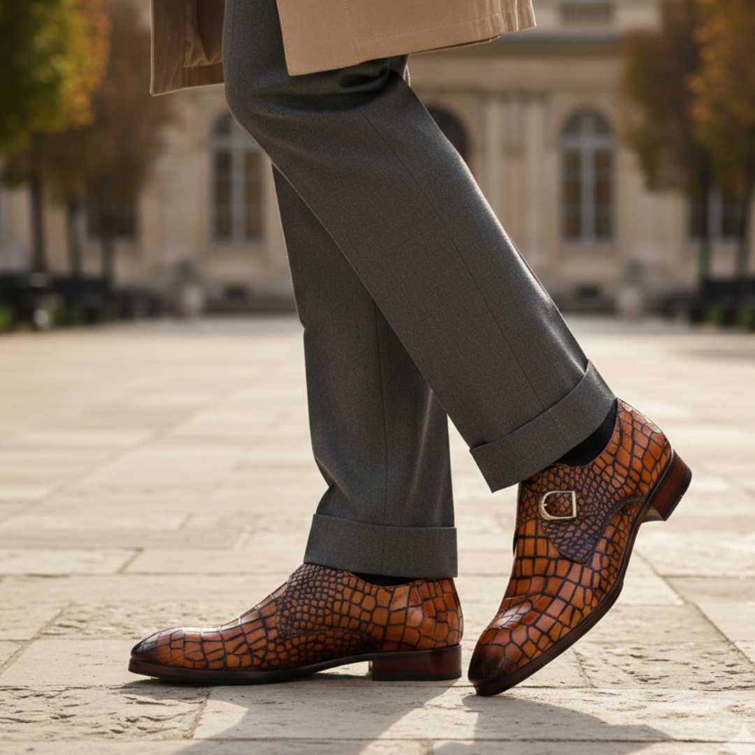 Valenor Deep-Croc Monkstrap Shoes in Tan