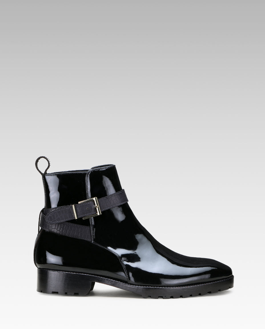 Regent Strapped Boots in Glossy Black (not patent leather)