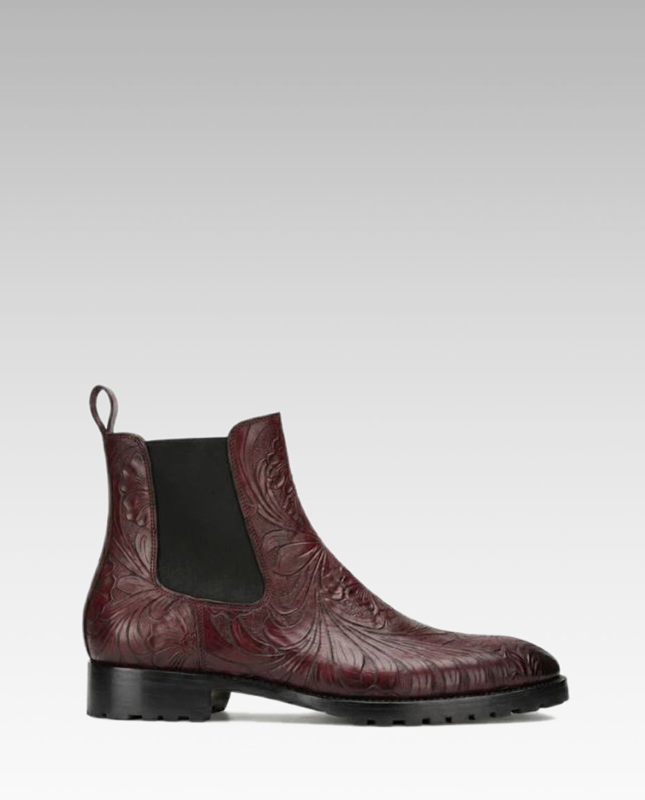 Florentine Handtooled Chelsea Boot in Burgundy