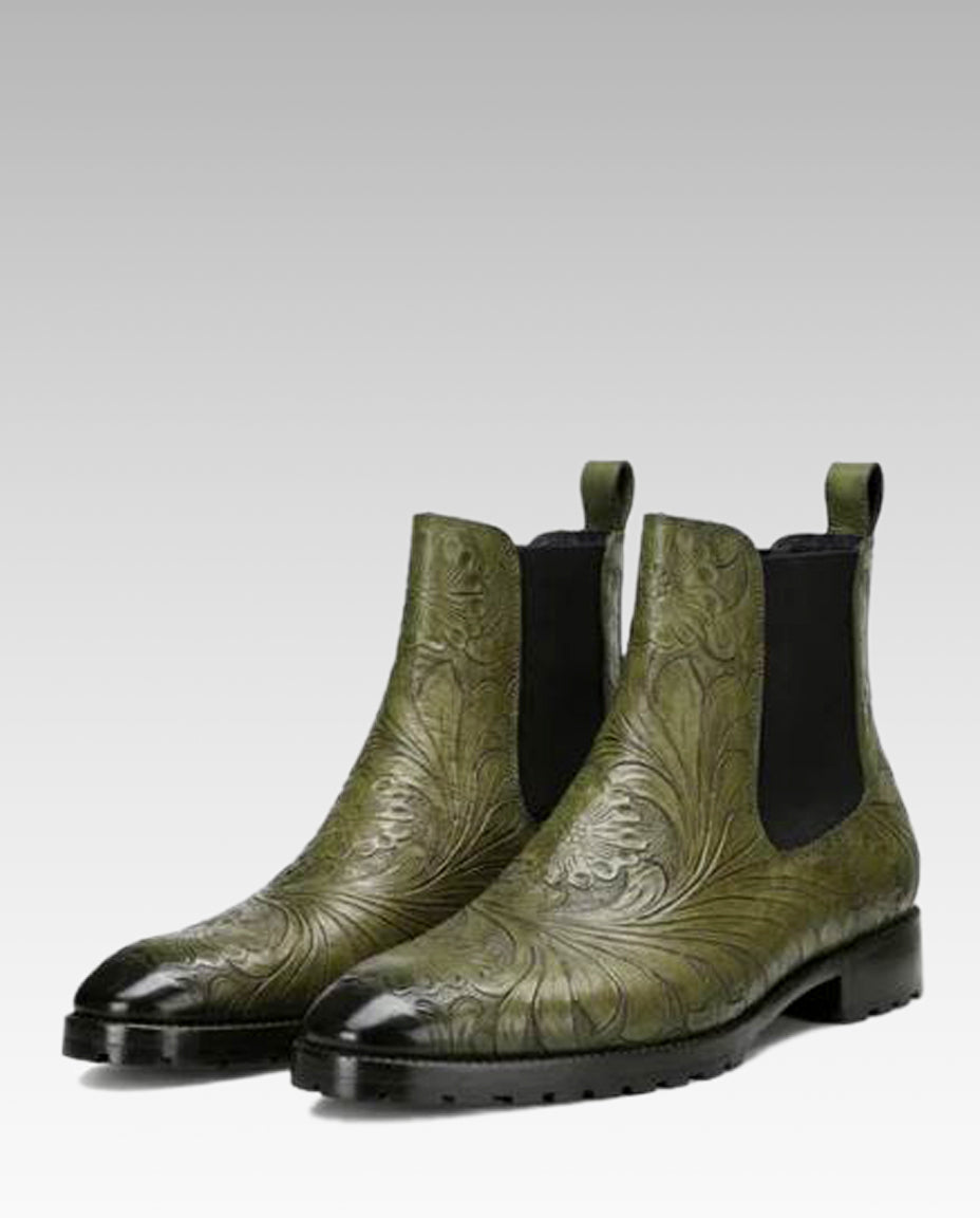 Florentine Handtooled Chelsea Boot in Olive