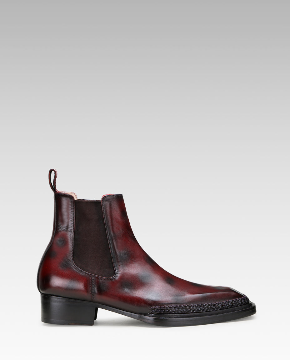 Ironvale Chelsea Boots with Taper Toe and Espadrille Jute Welt in Brown-Burgundy