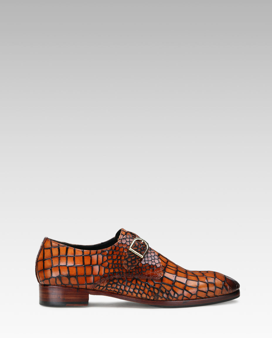 Valenor Deep-Croc Monkstrap Shoes in Tan