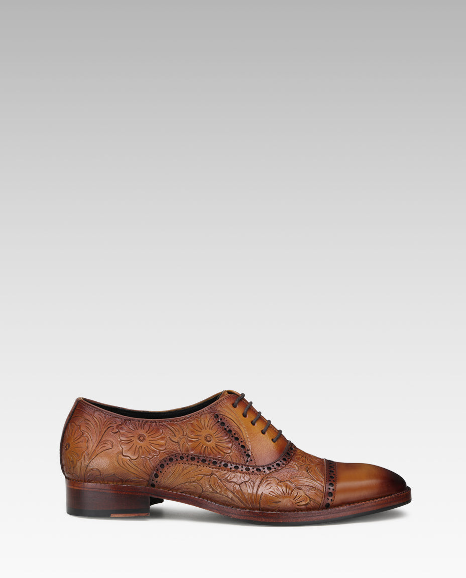 Florentine Handtooled Cap-Toe Oxford In Cognac