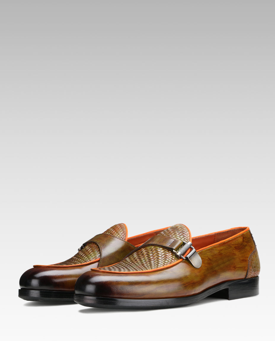 Raven Weave Buckled Loafers in Tan