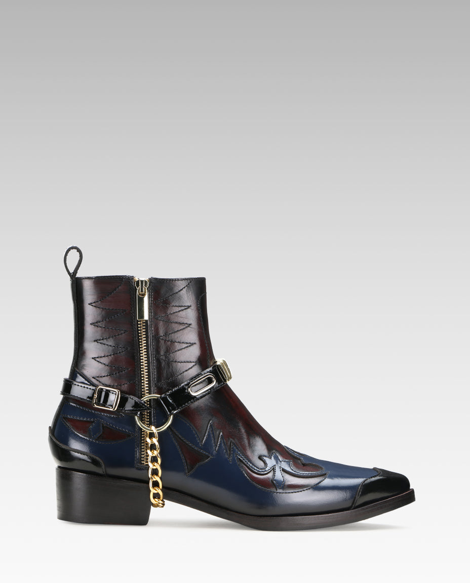 Santiago Goodyear Welted Cowboy Boots in Wine-Blue with Cuban Heel