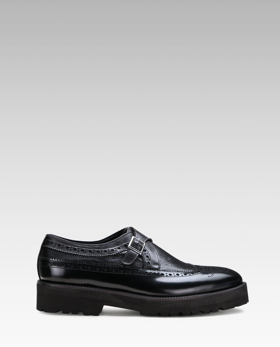 Escaro Royale Stature Wingtip Monk with Thick Sole in Black