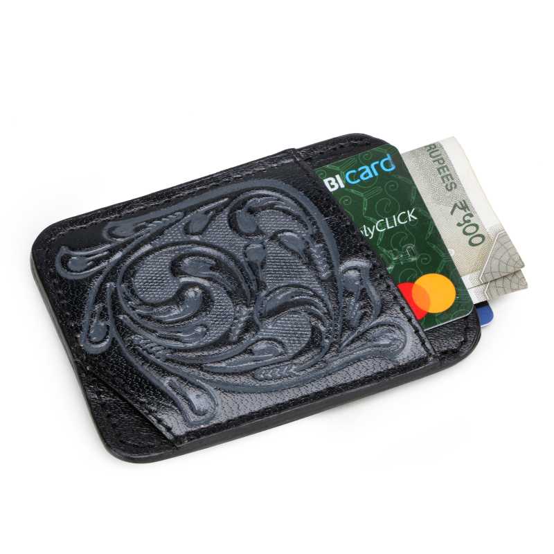The Athens Hand-Tooled Leather Cash Card Holder In Black-Gray