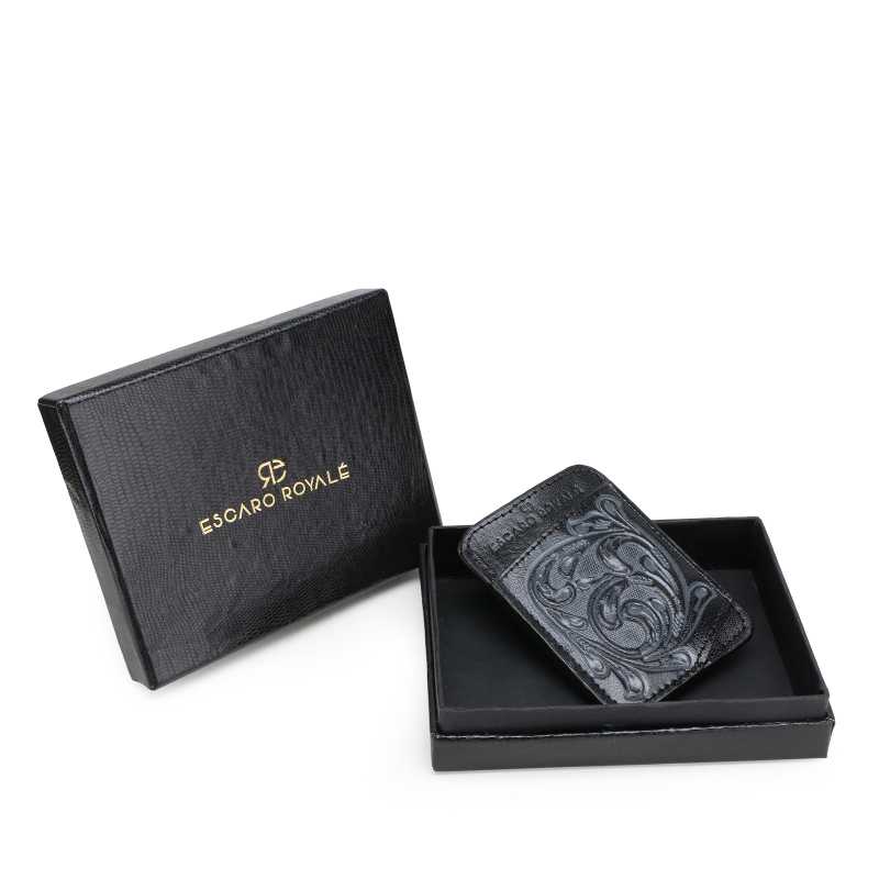 The Athens Hand-Tooled Leather Cash Card Holder In Black-Gray