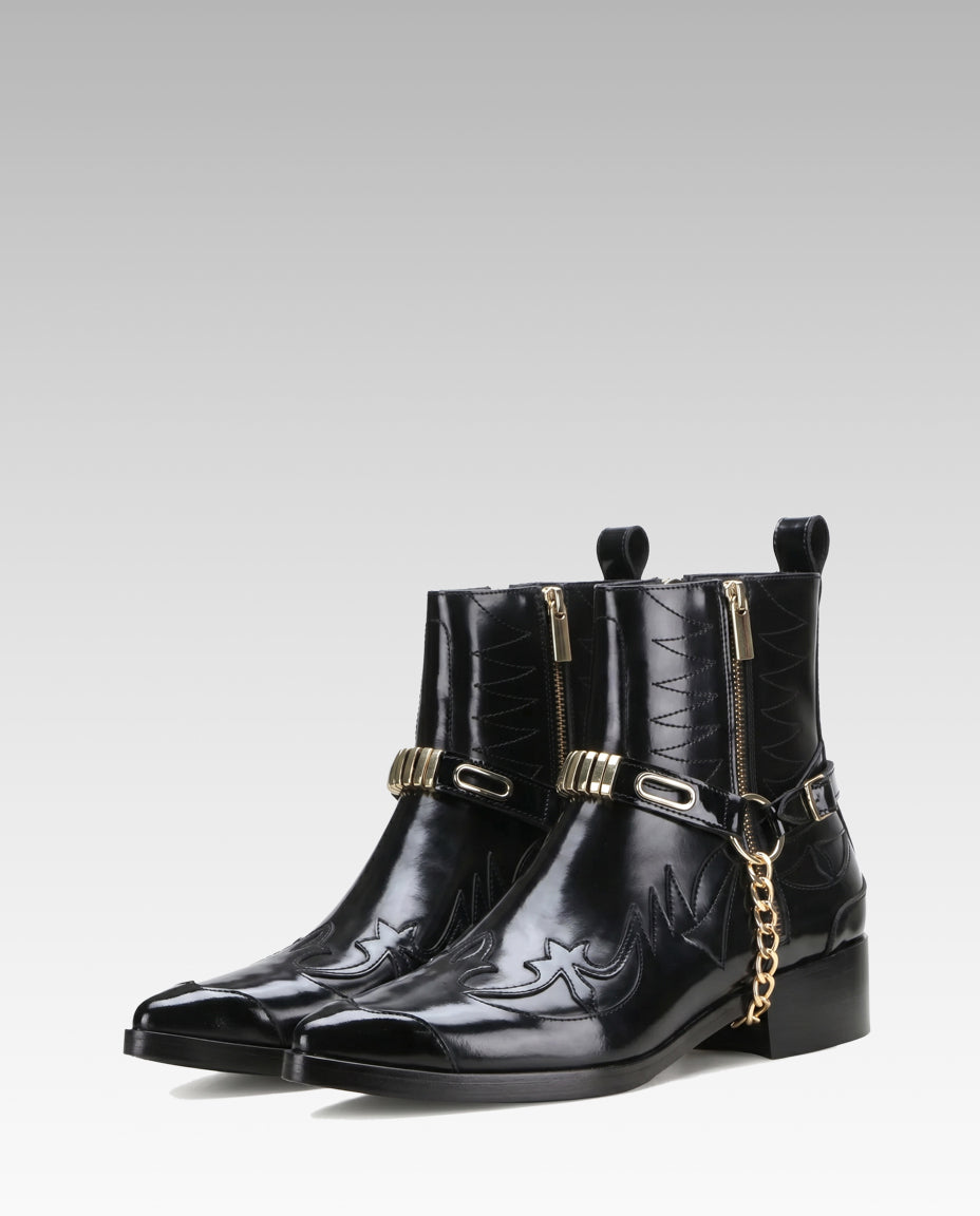 Santiago Goodyear Welted Cowboy Boots in Black with Cuban Heel