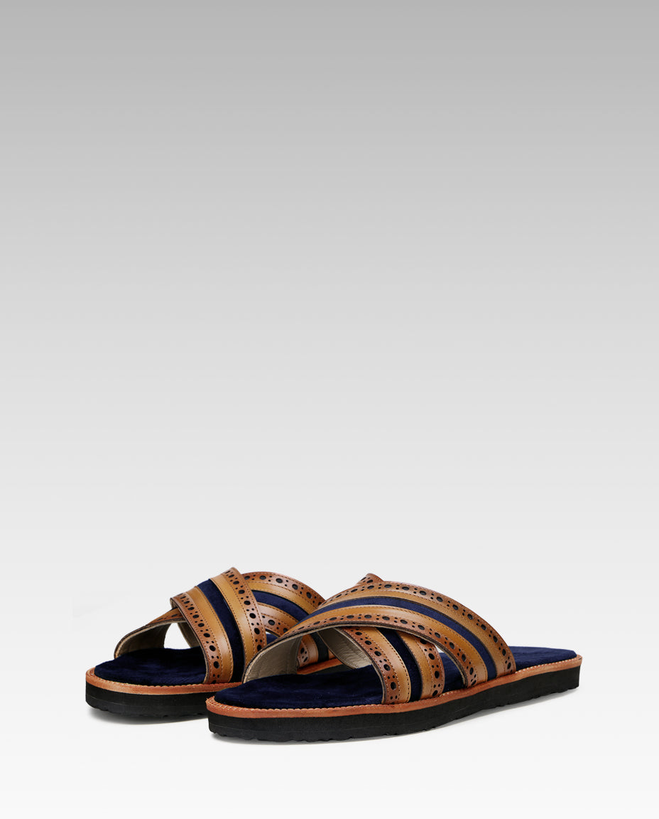 The Veneto Crossband Sliders in Tan-Blue