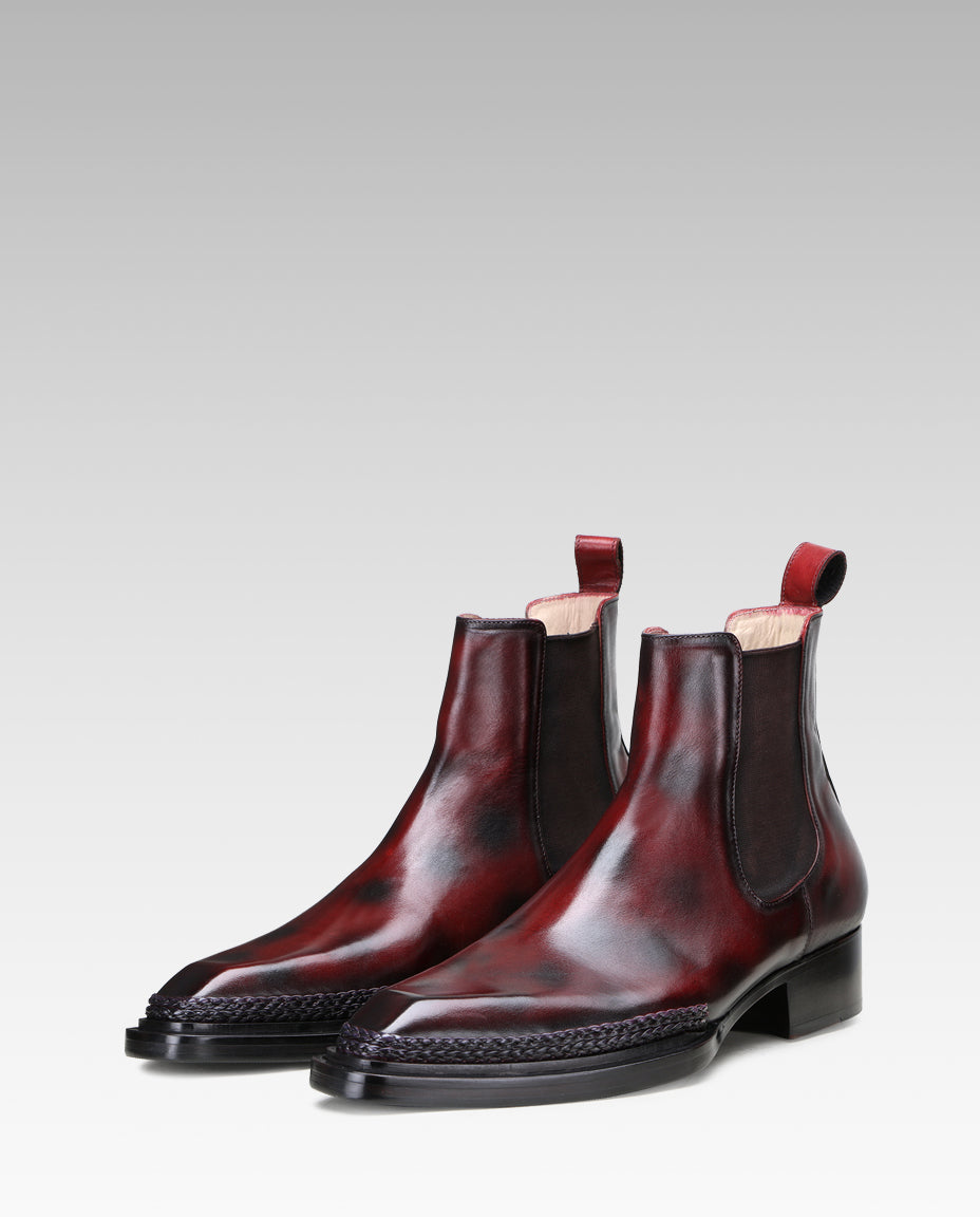 Ironvale Chelsea Boots with Taper Toe and Espadrille Jute Welt in Brown-Burgundy