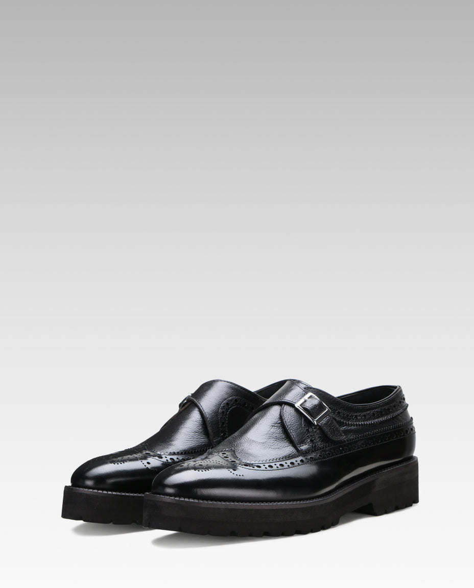 Escaro Royale Stature Wingtip Monk with Thick Sole in Black