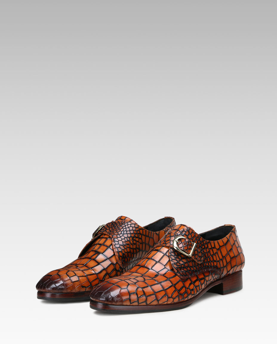 Valenor Deep-Croc Monkstrap Shoes in Tan