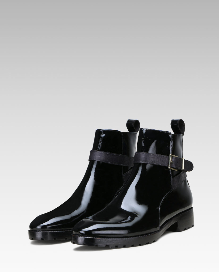 Regent Strapped Boots in Glossy Black (not patent leather)