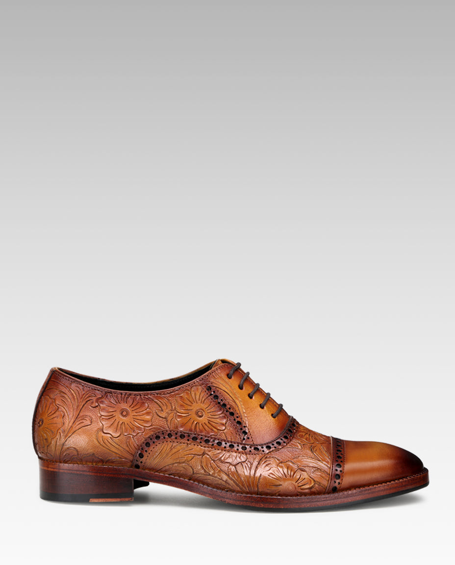 Florentine Handtooled Cap-Toe Oxford In Cognac
