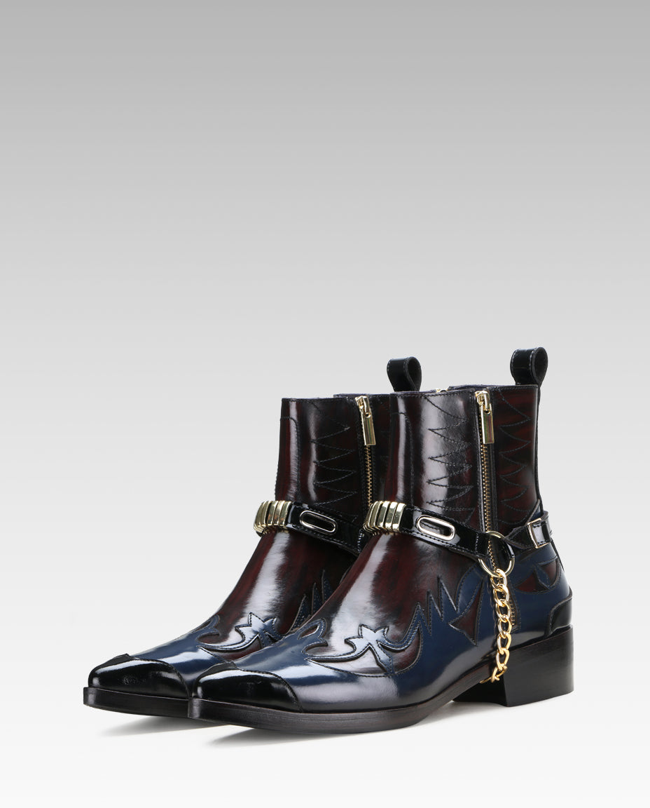 Santiago Goodyear Welted Cowboy Boots in Wine-Blue with Cuban Heel