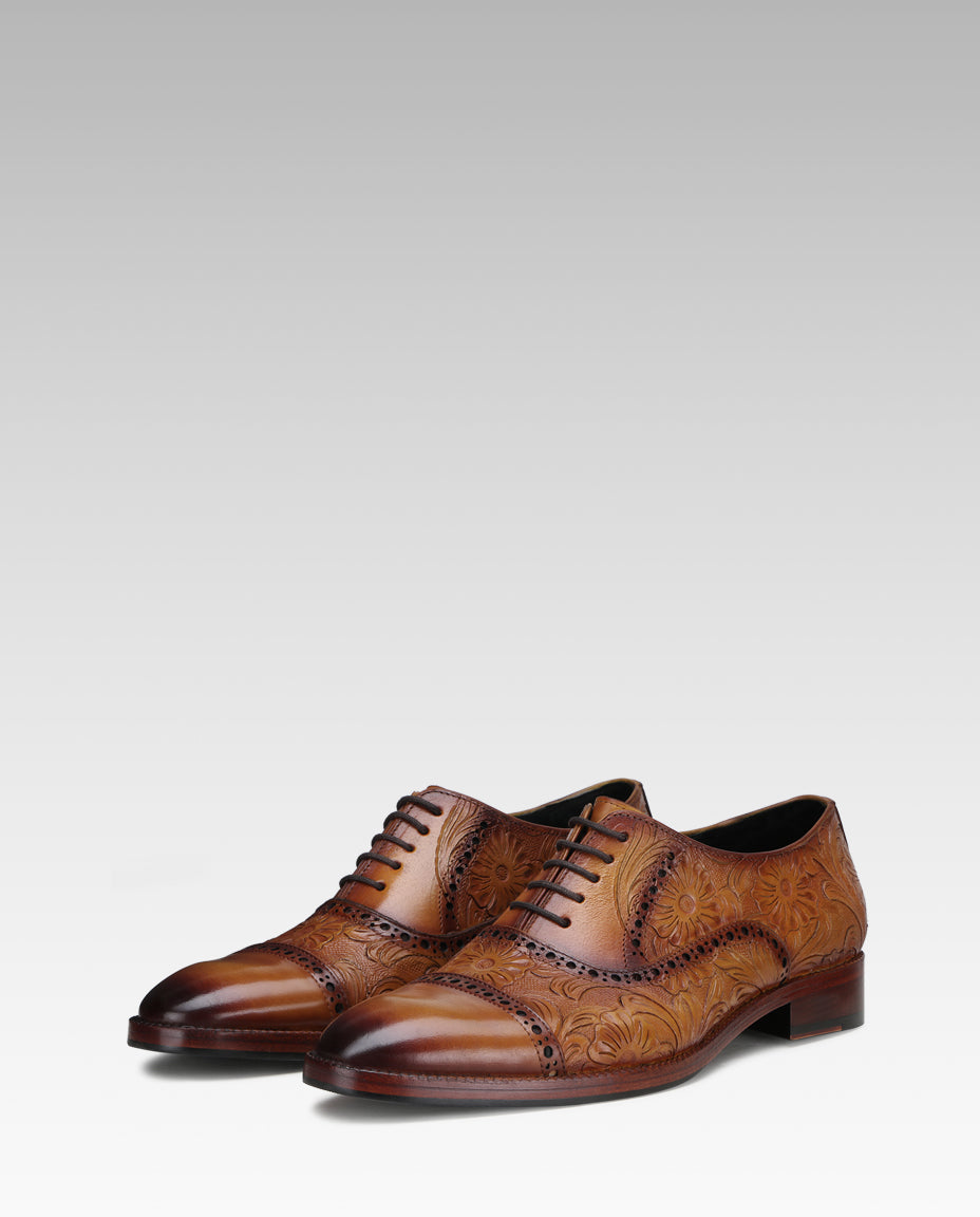 Florentine Handtooled Cap-Toe Oxford In Cognac