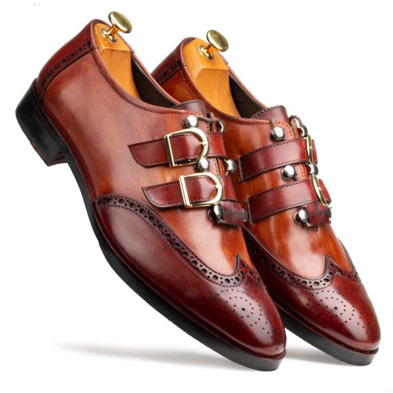Tyler Wingtip Laceup Shoes with Dual Straps in Cognac