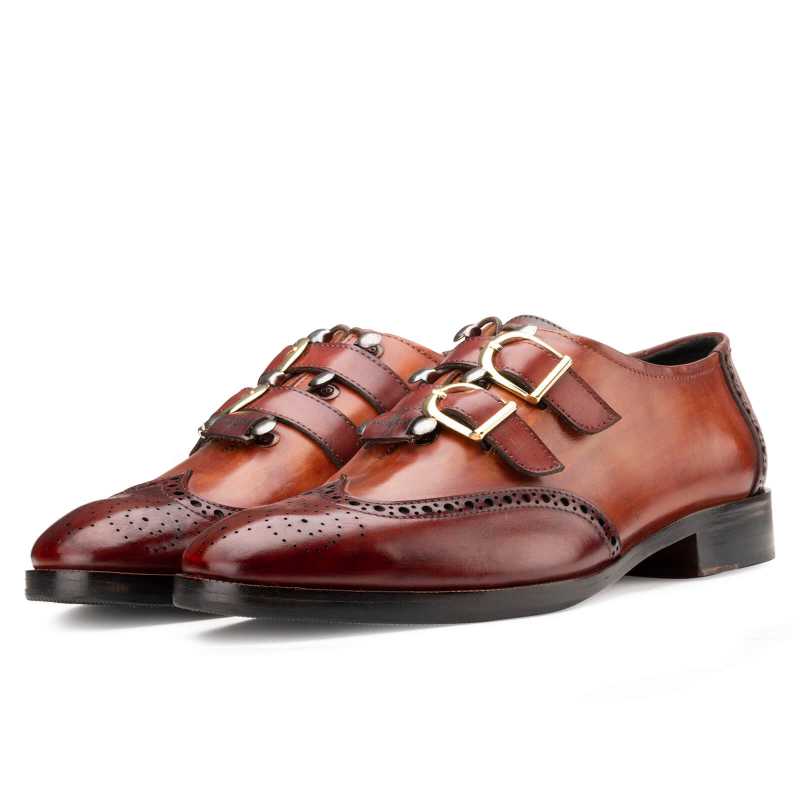Tyler Wingtip Laceup Shoes with Dual Straps in Cognac
