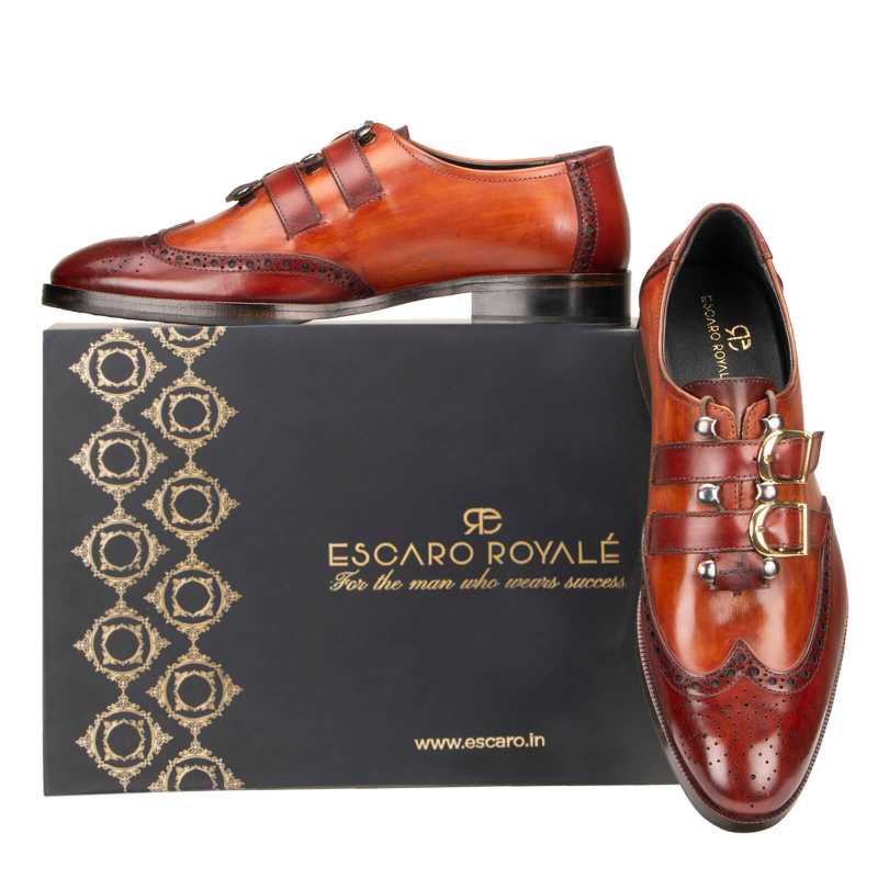 Tyler Wingtip Laceup Shoes with Dual Straps in Cognac