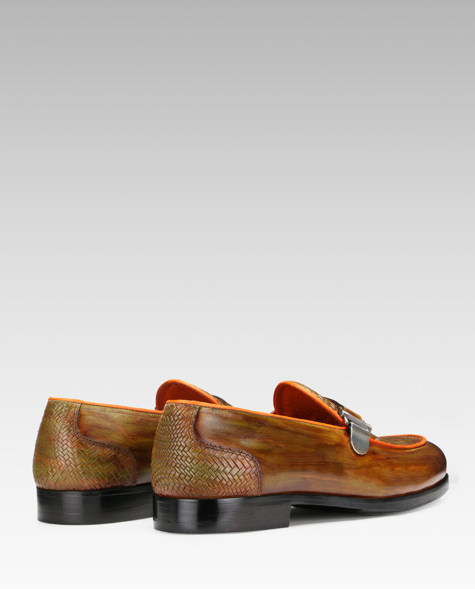 Raven Weave Buckled Loafers in Tan
