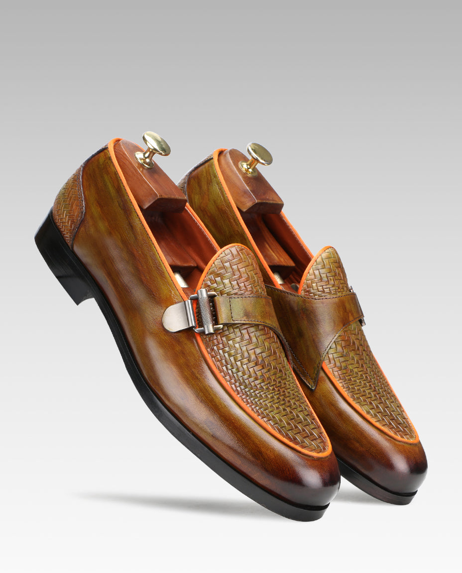 Raven Weave Buckled Loafers in Tan