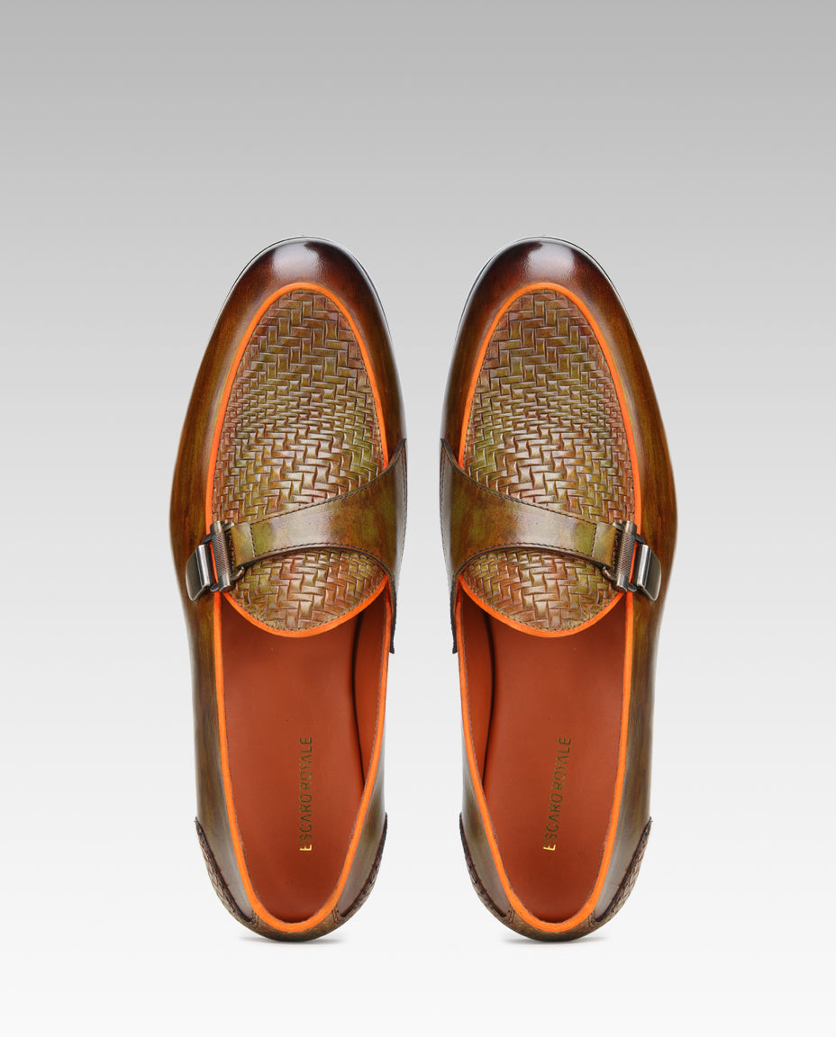 Raven Weave Buckled Loafers in Tan