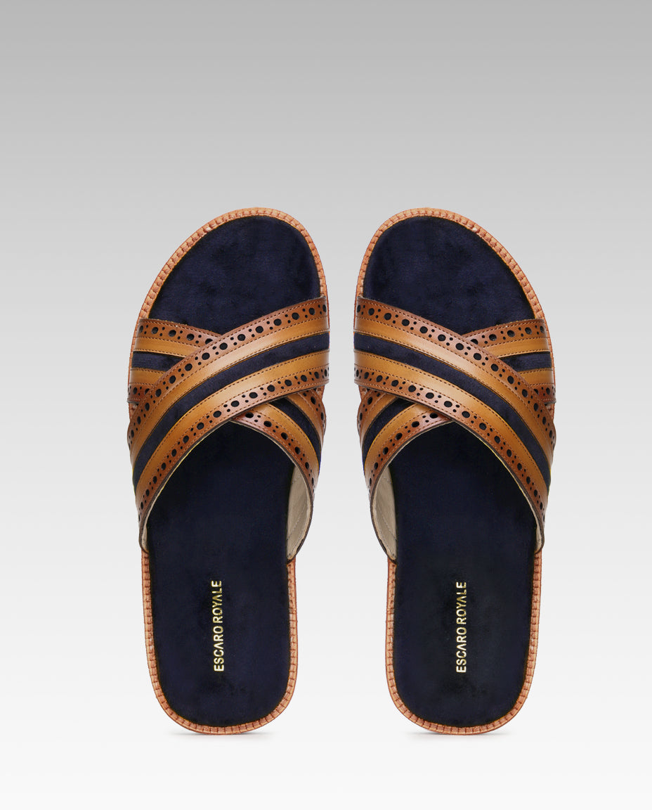 The Veneto Crossband Sliders in Tan-Blue