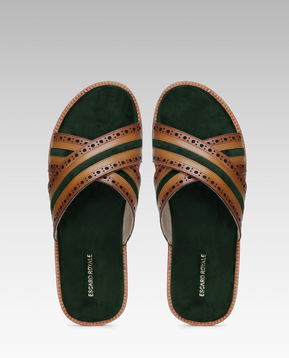 The Veneto Crossband Sliders in Tan-Green