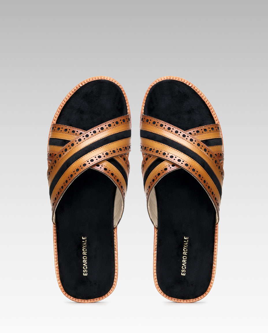 The Veneto Crossband Sliders in Tan-Black