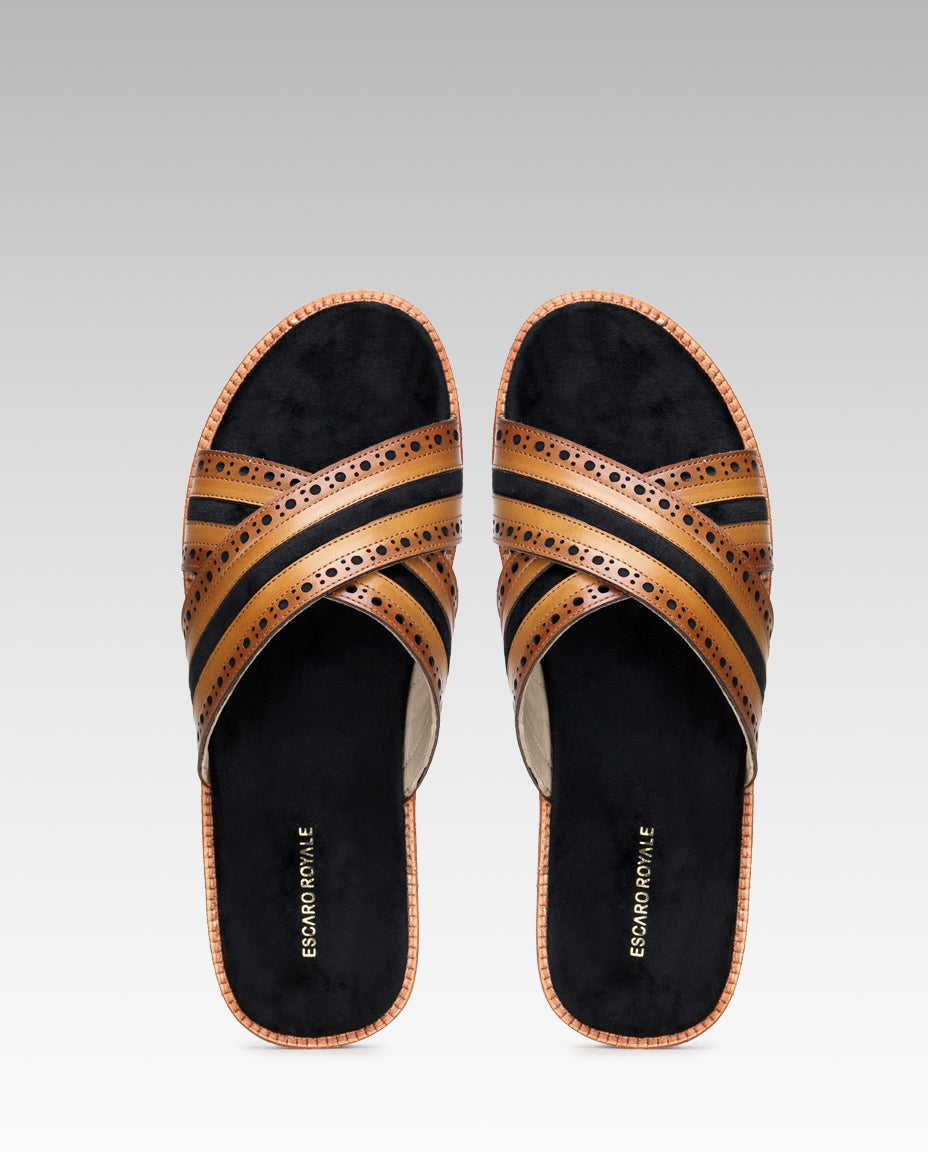 The Veneto Crossband Sliders in Tan-Black