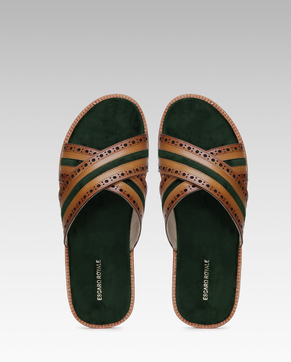 The Veneto Crossband Sliders in Tan-Green