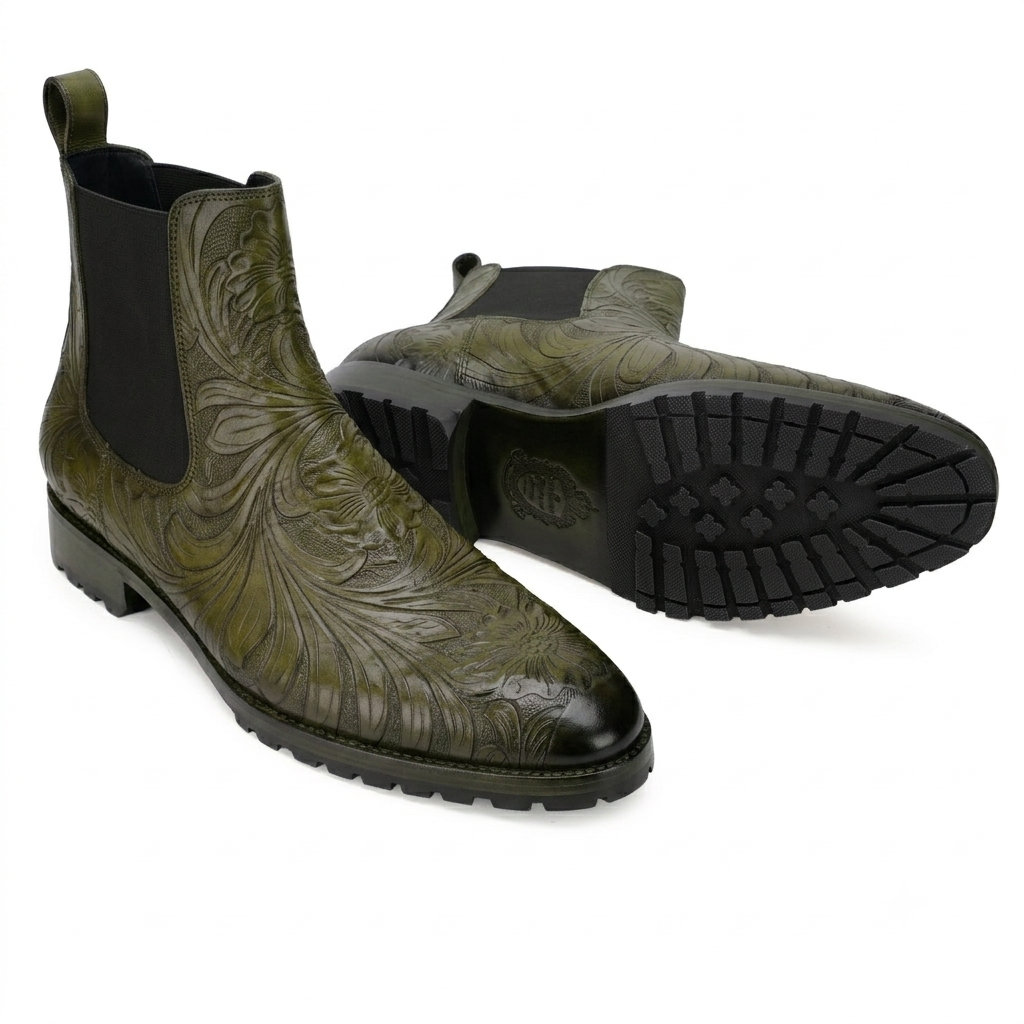 Handtooled Florentine Chelsea Boot in Olive