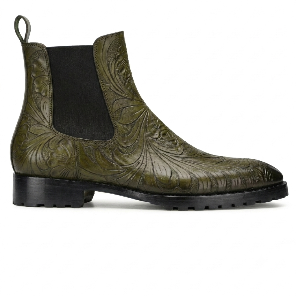 Handtooled Florentine Chelsea Boot in Olive