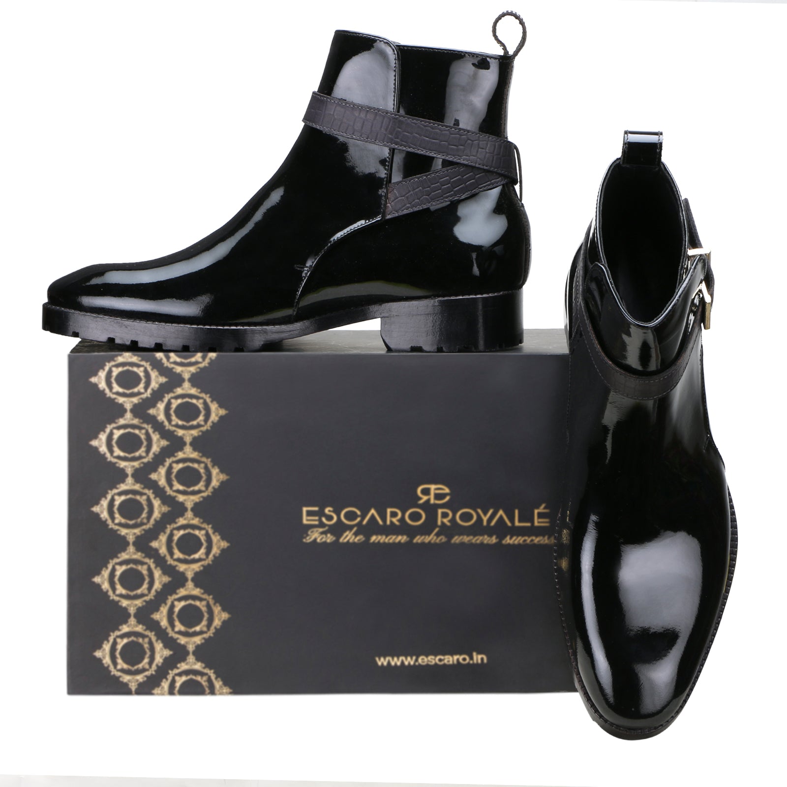 Regent Strapped Boots in Glossy Black (not patent leather)