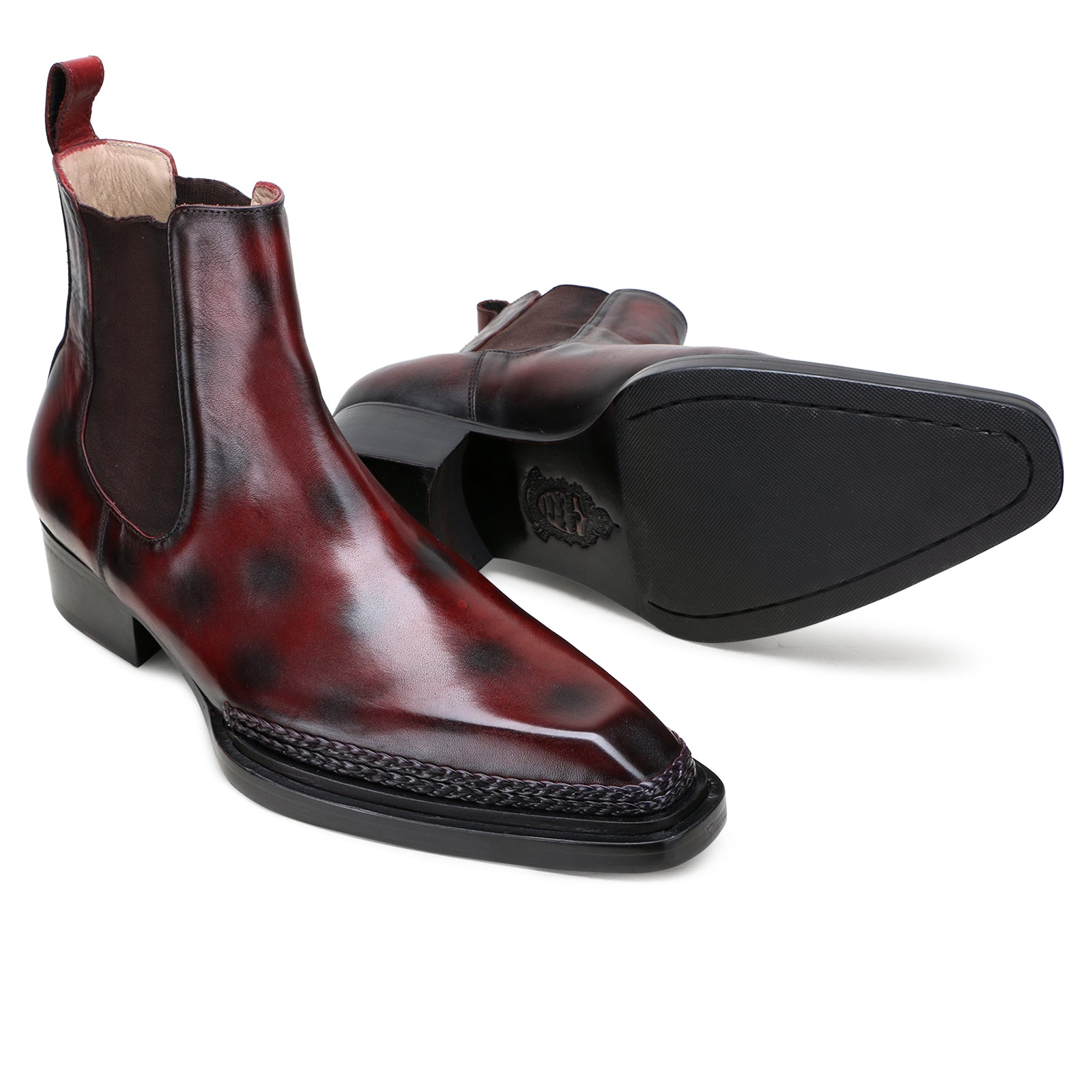 Ironvale Chelsea Boots with Taper Toe and Espadrille Jute Welt in Brown-Burgundy