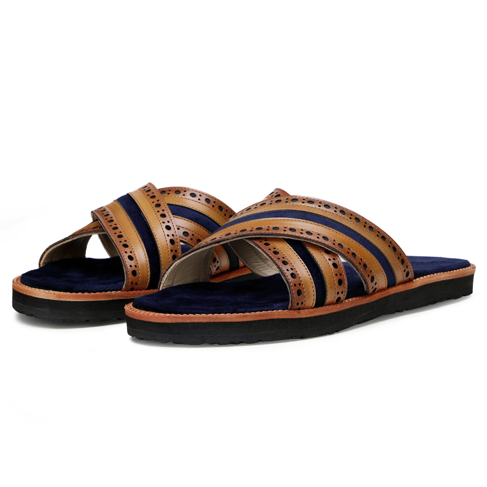 The Veneto Crossband Sliders in Tan-Blue