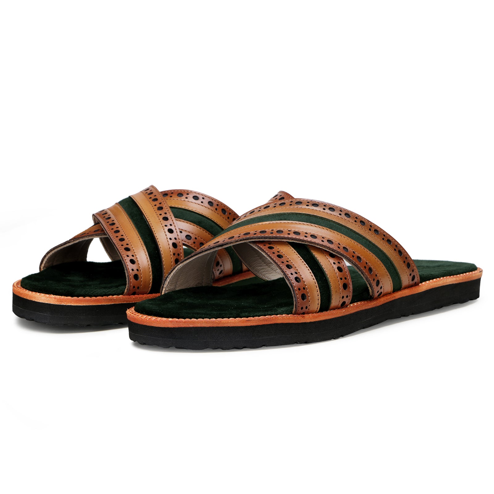 The Veneto Crossband Sliders in Tan-Green