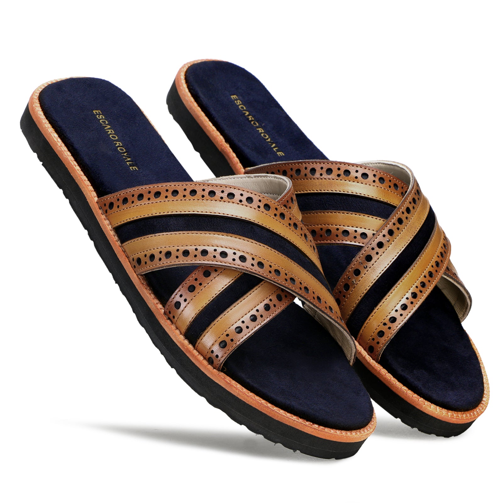 The Veneto Crossband Sliders in Tan-Blue