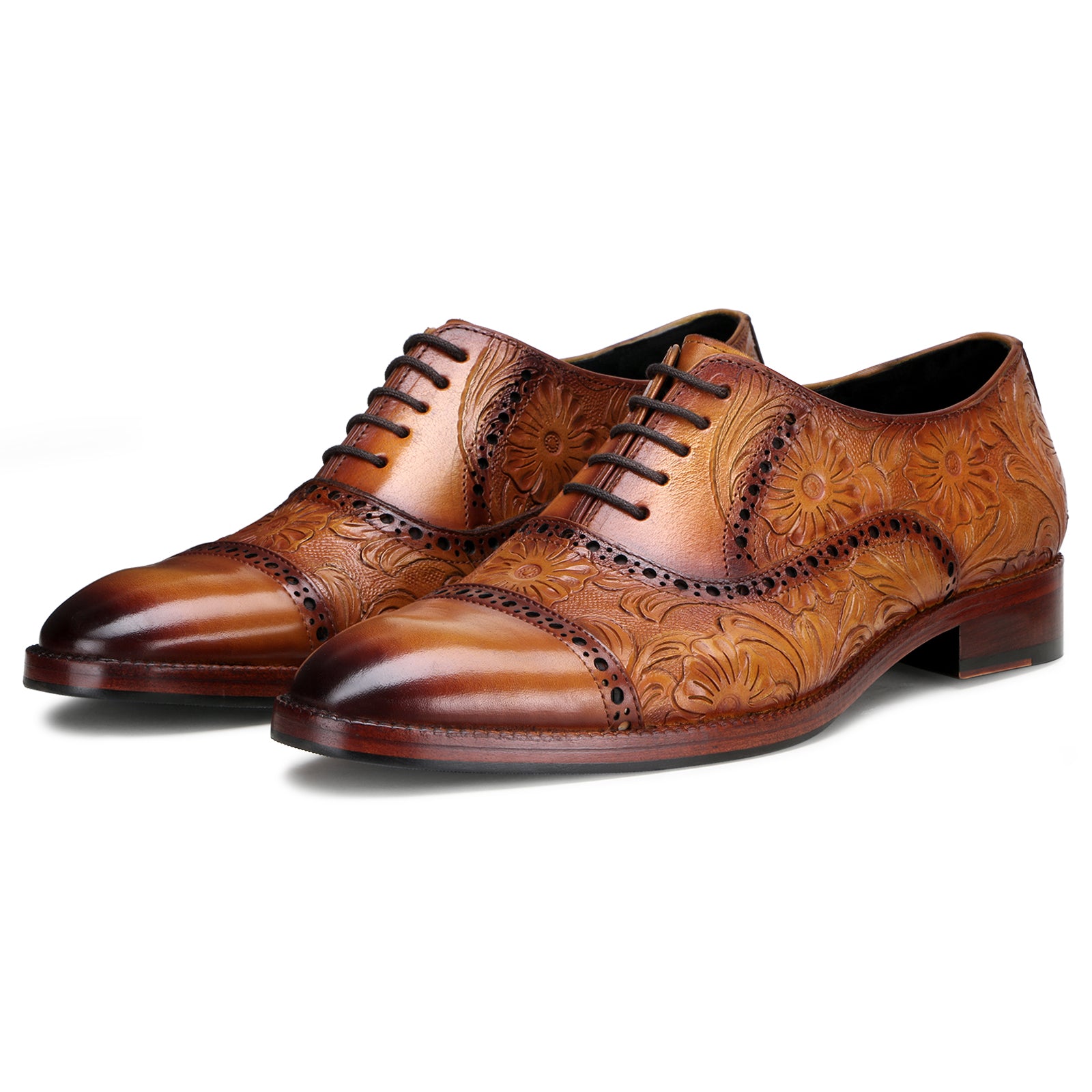 Florentine Handtooled Cap-Toe Oxford In Cognac