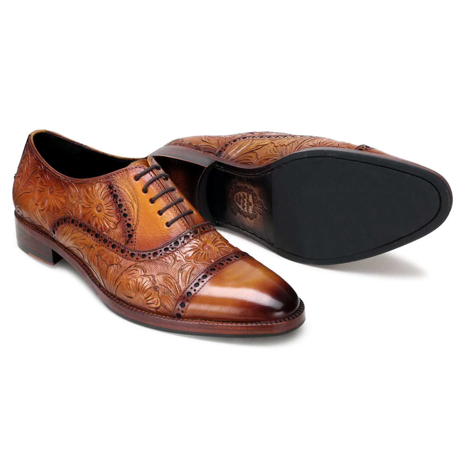 Florentine Handtooled Cap-Toe Oxford In Cognac