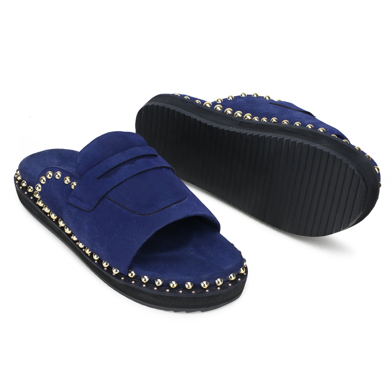 Milano Metal Studded Penny Sliders in Blue