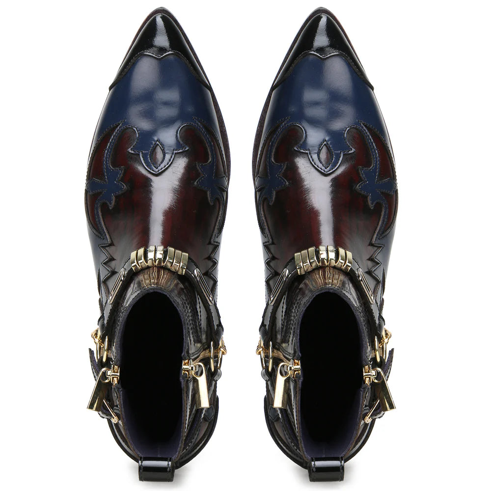 Santiago Goodyear Welted Cowboy Boots in Wine-Blue with Cuban Heel