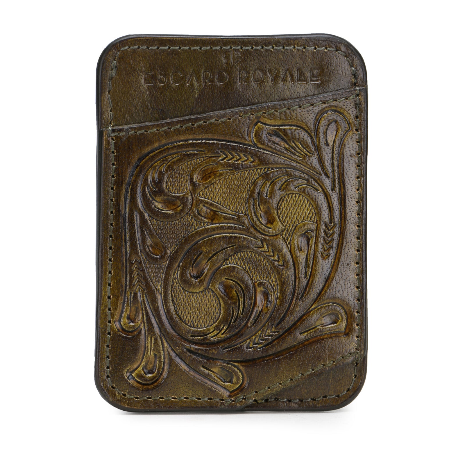 The ATHENS Hand-Tooled Leather Cash Card Holder in Olive
