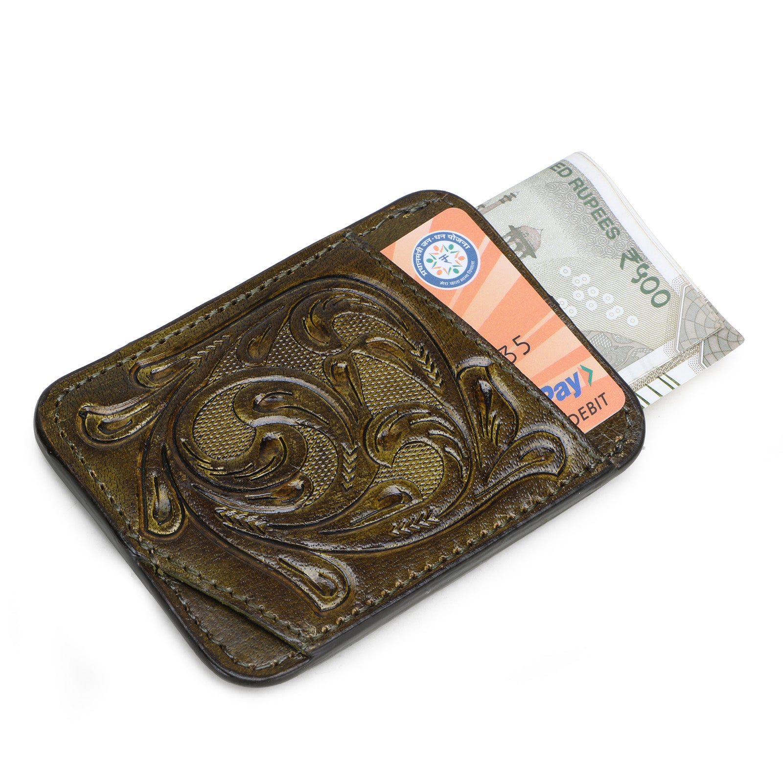 The ATHENS Hand-Tooled Leather Cash Card Holder in Olive