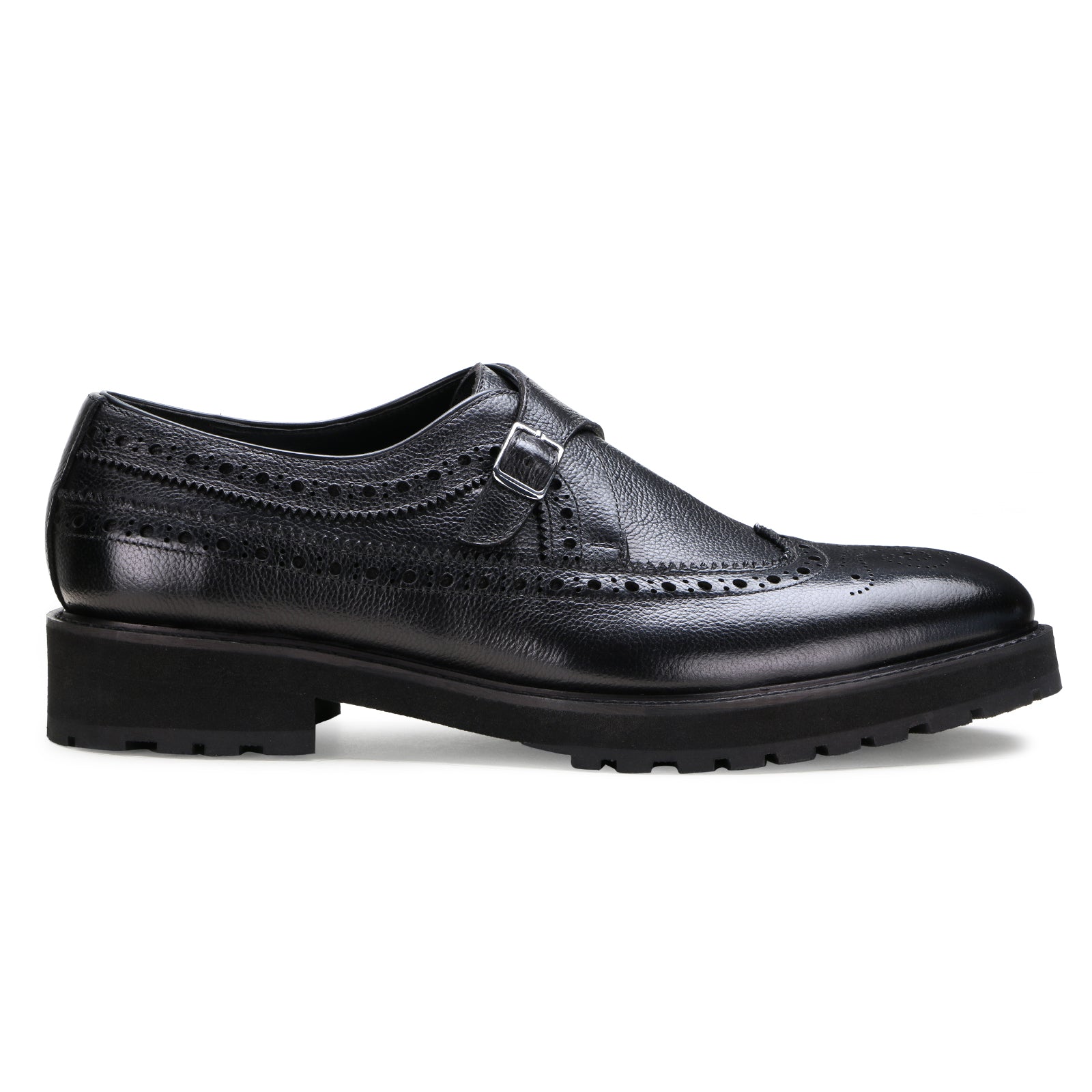 Escaro Royale Stature Wingtip Monk with Thick Sole in Black